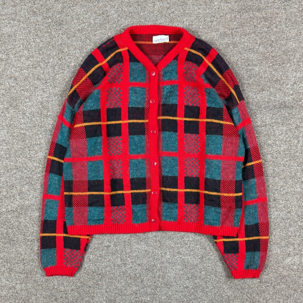Vintage Garland Red Black Plaid Cardigan Sweater Women’s XL Boxy Fit Made in USA